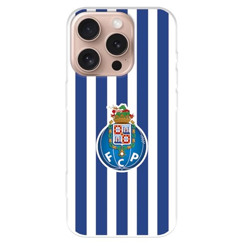 Capa para iPhone 16 Pro de futebol Club Porto Escudo às riscas tansparente para proteger o seu telemóvel. Camada de silicone flexível com licença oficial FC Porto