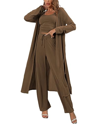 Image of 3 Piece Lounge Sets for Women Airport Travel Outfit | Long Cardigan，Tank Top ，Wide Leg Pants with Pockets，Comfy Loungewear，Casual Chic， Airplane Clothing，Vacation Matching Set