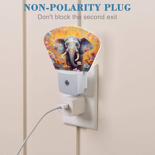 Image of Watercolor Elephant Night Light for Kids Girls Boys, Flowers LED Night Light Plug into Wall with Dusk to Dawn Sensor for Bedroom, Hallway, Kitchen, Bathroom, Stairs Decor
