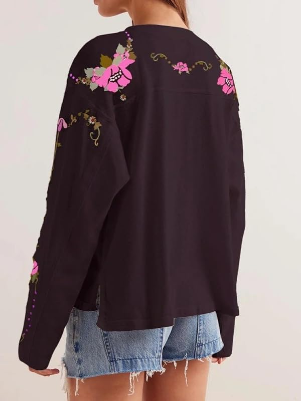 Y2K Oversized Graphic Sweater for Women 72 Print Floral Embroidery Vintage Long Sleeve Sweatshirt