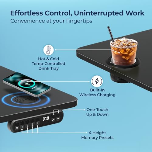Image of The Sleep Company AeroFlip Adjustable Desk | SmartFlip Ergonomic Tabletop | Height Adjustable 72-120 cm | Wireless Charging | Temperature Controlled Drink Tray |1200 mm | Black & Black