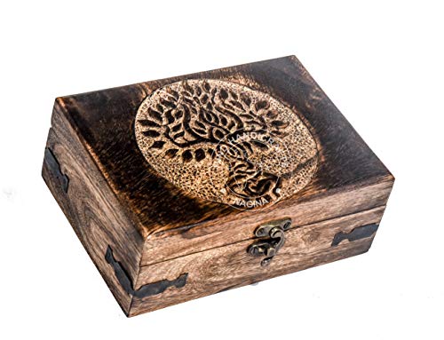 Image of Antique Handmade Wooden Jewelry Box - Tree of Life Engraved Keepsake Storage Organizer - Handcarved Decorative Box for Women & Men - Vintage Home Decor Accent & Gift - 7 inch x 5.5 inch x 3.5 inch