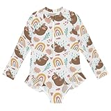 Wusikd Girls Long Sleeve Swimsuit Sloth Linen One Piece Bathing Suit Zipper Swimwear Sun Protection 5-6T