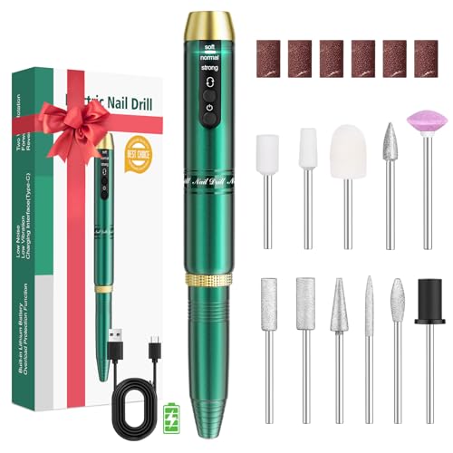 Nagelfräser Kabellos, Fräser für Gelnägel, Elektrische Nagelfeile Tragbar Nail Drill, 11 in 1 Maniküre Set Elektrisch für Semi Permanent, Naturnägel und Nagelhaut, Ideal für den Hausgebrauch, Grün