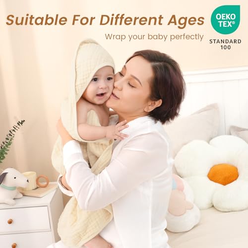 Image of david's kids 2 Pack Hooded Baby Towels, 100% Muslin Cotton 6-Layer Ultra Soft Breathable Absorbent Baby Bath Towels for Infant and Toddler, Newborn Essentials, Large 32x32Inch, Beige & Ginger