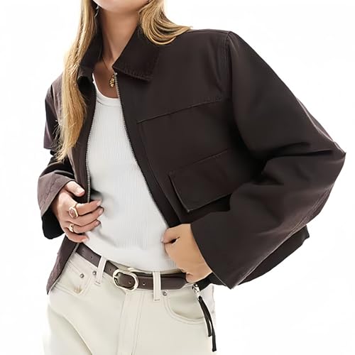 Image of Lingjiazi Womens Cropped Jacket Contrast Collar Zip Up Utility Coat Barn Jacket Outwear with Pockets(1141-Brown-XL)