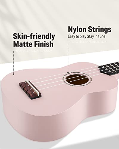 Image of Donner Soprano Ukulele for Beginner 21 Inch Matte Ukulele Beginner Kit with Bag Strap Tuner Strings Picks Cloth, Free Online Lessons, Kids Holiday Christmas & Birthday Gift (Light Pink)