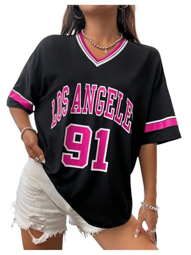 SOLY HUX Women's Oversized Jersey Shirts V Neck Graphic Tees Summer Baggy Blokecore T-Shirt Tops