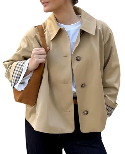 Women Crop Trench Coat Single Breasted Check Lining Lightweight Barn Jackets Fashion Outerwear - Main Image