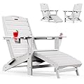 Folding Adirondack Chair with Retractable Ottoman, HDPE Fire Pit Chairs with Pull Out Footrest, All Weather Resistant Outdoor Patio Chair with 2 Cup Holders for Lawn, Garden, Backyard (White)
