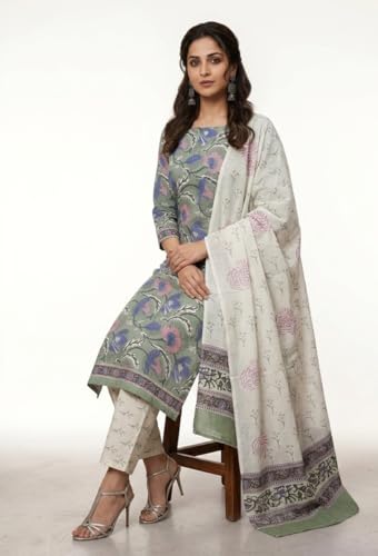 Image of Eddika women unstitched hand block printed cotton suit set with mulmul dupatta ehbpcswmd0120P