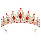 Red Queen Crown for Women Belle Tiara Princess Crowns Crystal Headbands for Bridal Birthday Party (Gold Red B)
