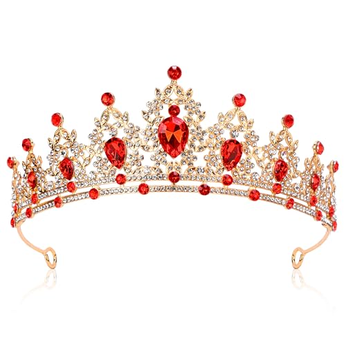 Red Crown Tiara for Women Queen Crown Rhinestone Wedding Birthday Hair Accessories Costume Party Halloween Decor Prom Gifts (Gold red)