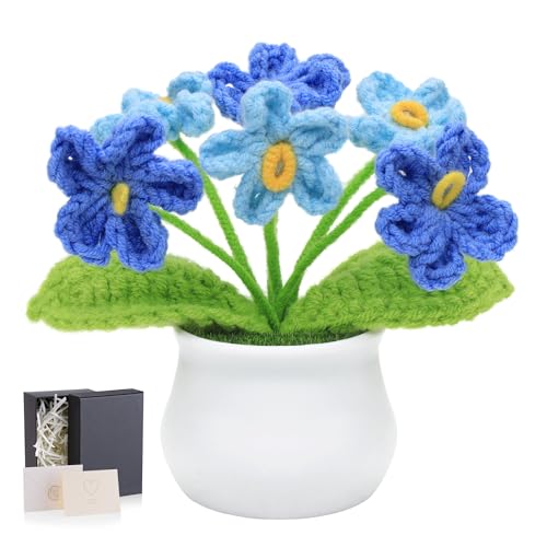 LAIDANLA Orange Crochet Puff Flowers Potted Plants, Small Handmade Crochet Flower Graduation Appreciation Birthday Gifts for Women Teacher Coworker Mom Friend Knitted Flower for Desk