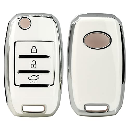 Image of KMH TPU Silver Car Smart Key Cover Compatible for Kia Seltos and Sonet 3 Push Button Smart Flip Key Shell Case Holder, Full Key Protection (Silver White) Pack of 2