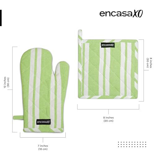 Image of Encasa XO Heat Resistant 100% Cotton Oven Glove & Potholder Set with Loop, Kitchen Cooking Mittens, Microwave Safe Hot Pads (Franca Lime Stripes)