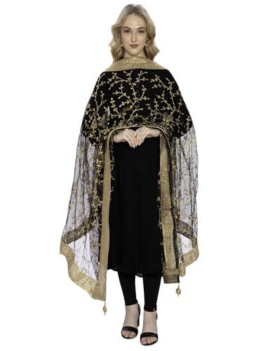 Image of ZEN APPAREL Women's Embroidered Net Dupatta with Lace Borders (Z-101) Premium Net Fabric Golden Aari Work