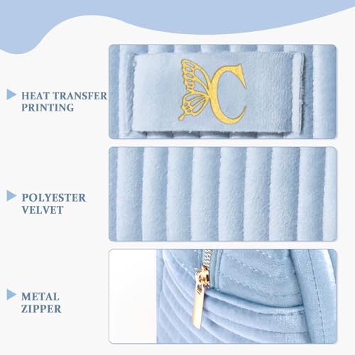 Image of COSHAYSOO Personalized Birthday Retirement Gifts for Women Unique Travel Makeup Bag Quilted Make Up Cosmetic Pouch Woman Friend Gift Blue Velvet Beauty Accessories Organizer Initial Letter C