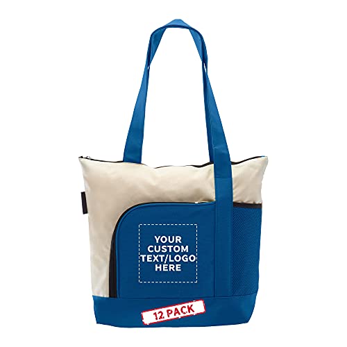 DISCOUNT PROMOS 12 Zipper Polyester Tote Bags Set - Customizable Text, Logo - Two-tone, Zipper Closure, Pen Loop - Blue