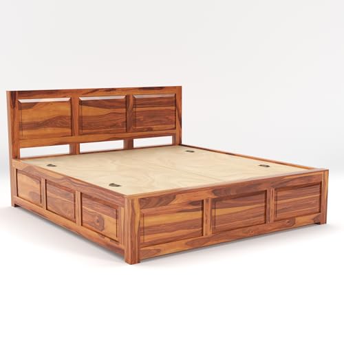Image of Sheesham Wood King Size Bed with Storage Box | Wooden Box Bed King Size Double Cot Bed with Storage for Bedroom | Premium 3 Dalla Design Headboard Bed for Hotel, Home | Honey Finish
