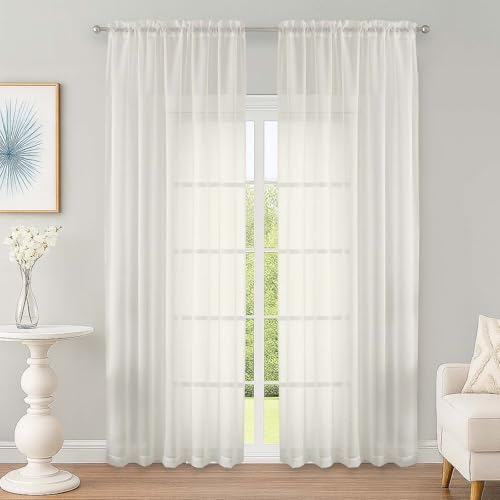 Image of OWENIE Ivory Sheer Curtain 90 Inches Long 2 Panels Set, Solid Filmy Drapes for Living Room Bedroom, Elegant Window Voile Sheer Curtain Panels Drapes, 2 Pcs, Each 59W x 90L Inch