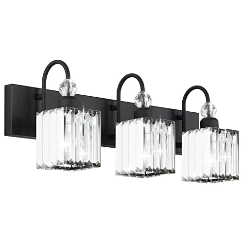 Image of Ralbay Modern Crystal Black Vanity Light 3 Light Bathroom Light Fixtures Over Mirror Matte Black Crystal Bathroom Wall Lighting