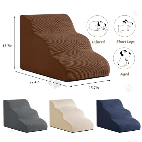 Image of Aodisman 3-Step Dog Ramp and Stairs for Sofa and Chair - Non-Slip Sturdy Pet Steps for Small Dogs and Cats,15.7 inch H,Brown