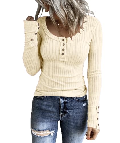 Image of KINLONSAIR Women's Long Sleeve Henley T Shirts Button Down Slim Fit Tops Scoop Neck Ribbed Knit Shirts