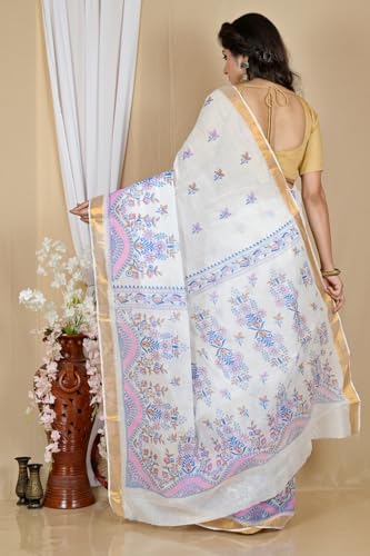 Image of eC ESHA'S COLLECTION Women's Kerala Cotton Floral Motif Printed Zari Bordered Tant Saree Without Blouse Piece
