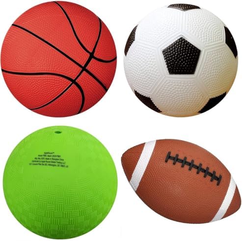 AppleRound Pack of 4 Sports Balls with 1 Pump for Toddlers and Kids: 1 Each of 5-Inch Soccer Ball, 5-Inch Basketball, 5-Inch Playground Ball, and 6.5-Inch Football
