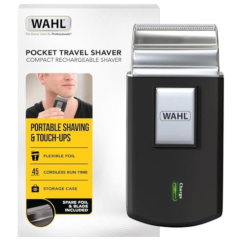 WAHL Pocket Travel Shaver – Compact Rechargeable Electric Shaver with Flexible Foil, 45-Min Cordless Runtime, Close Shave, Comfortable Foils, Perfect for Travel, Storage Case