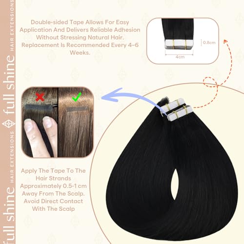 Image of Full Shine Human Hair Tape in Extensions, Jet Black 12 Inch | 30g 20PCS, Invisible Straight Remy Hair Extensions Real Human Hair Tape in, Soft and Silky Fashion-Inspired Looks for Women