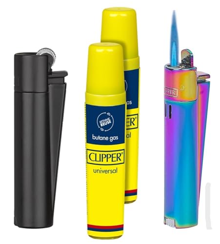 Clipper Premium Refillable Metal Lighter Set - 1 ICY Blue Jet Flame and 1 Black Matte Metal CP 11 with 2 Butane Refills (16ml Each) - Deluxe Gift Bundle