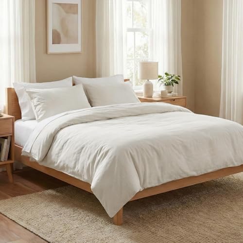 BIOWEAVES 100% Organic Washed Cotton Percale Weave Duvet Cover King Size Set | GOTS Certified King Duvet Cover & 2 Pillow Shams – 106x92 inches, Marshmallow
