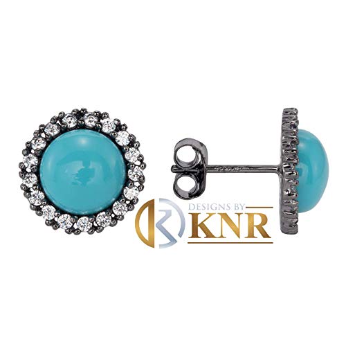 Sterling Silver 925 Black Rhodium Plated Pave Round Turquoise Simulated Diamonds Earrings wedding, anniversary, bridal, halo, Studs 4.00ctw