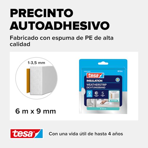 Miniatura 4 de Tesa Moll Perfil I Standard - Burlete Cortavientos - Cinta Autoadhesiva De Espuma Ideal Para Aislar Ventanas Y Puertas Del Hogar - Blanco - 6 M X 9 Mm X 4 Mm