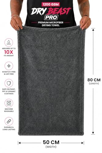Image of DryBeast 1200 GSM XXL Premium Microfiber Cloth for Car & Bike | 80 x 50 cm | Ultra Plush, Super Absorbent & Scratch-Free Drying Towel | Safe for Paint, PPF, Ceramic Coating & Glass