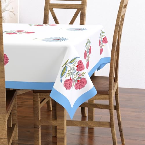 Image of BLOCKS OF INDIA Hand Block /Batik Print Rectangular Table Cloth for 6 Seater Dining Table (60 Inch X 90 Inch)(Open Blue Motifs)