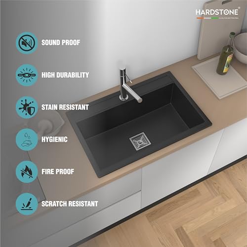 Image of HARDSTONE Premium Quartz Kitchen Sink (30x20x9 Inch) | Matt Black Granite Single Bowl Sink | Top Mount | SS Square Waste Coupling & PVC Drain Pipe | Scratch, Heat & Stain Resistant | 10-Year Warranty