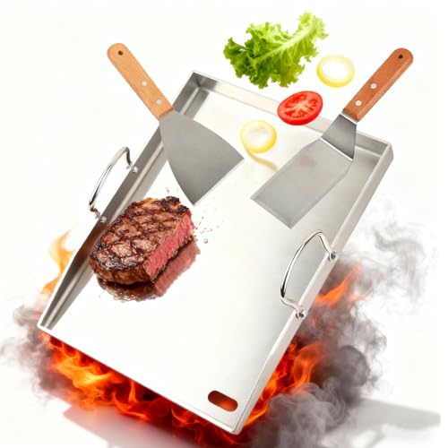 POUMUE 30×4×40cm Piastra per Barbecue in Acciaio Inox con 2 Spatola, Piastra Acciaio per Barbecue con Manico,Piastra Barbecue con Scarico Grasso, Piastra in Acciaio Inox per Barbecue a Gas e a Carbone
