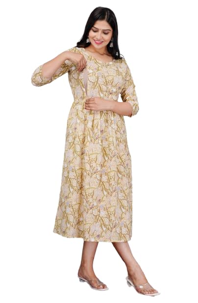 Beige/Yellow Floral Print Women Breasefeeding Maternity Kurtas Anarkali Zipper Gown-image-0