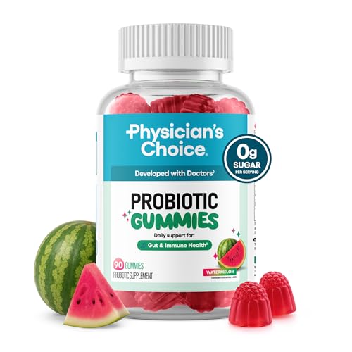 Physician's CHOICE Probiotic Gummies with Vitamin D & Prebiotic Fiber - Sugar Free - 1B CFUs of Clinically Studied Probiotic - Supports Immune & Gut Health for Women & Men - Watermelon Flavor - 90CT