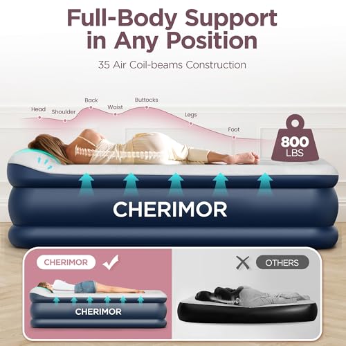 CHERIMOR Queen Air Mattress with Built in Pump, 20.5\" Elevated Integrated Pillow Top Blow Up Mattress, Supports 800 lbs, Portable 3 Min Self Inflating Inflatable Bed for Guests, Home & Camping
