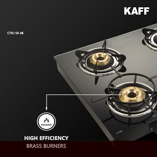 Image of KAFF Cooktop | 4 Burners with Slim Line Design 58 CM | 1 Jumbo burner | High Efficiency Brass Burners, Black Tempered Glass | Matt Enamelled Pan Support | Black | CTRJ58-4B