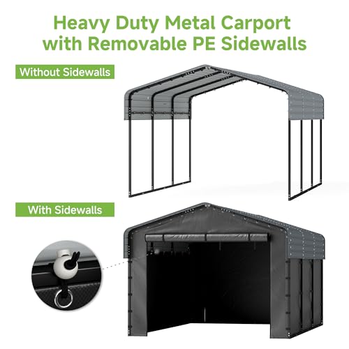 Image of 10x15FT Heavy Duty Metal Carport,Outdoor Garage with Removable Sidewalls & Doors, Heavy Duty Steel Frame and Galvanized Roof for Cars and Boats, Gray