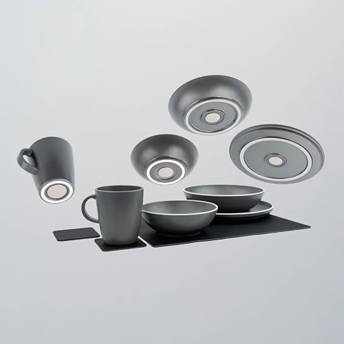 Silwy® Juego de vajilla magnética Dolomit Grey, 11 piezas de vajilla de plástico con diseño de piedra, para autocaravana, camping y barco, sin traqueteo e irrompible, incluye alfombrilla de gel nano y