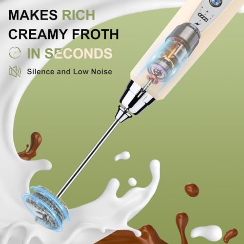 Image of YUSWKO Beige Handheld Milk Frother Wand with Stand for Coffee, Rechargeable Electric Whisk with 3 Heads 3 Speeds Drink Mixer Coffee Frother For Latte, Cappuccino, Hot Chocolate, Egg