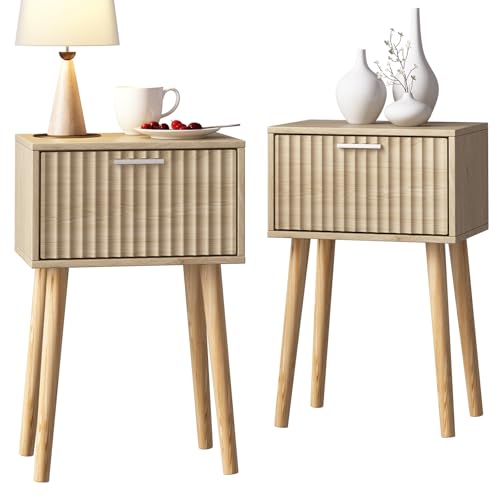 LAATOOREE Nightstands Set of 2, Small Side Table, Bedside Table with Fluted Door, Solid Wood Feet;...