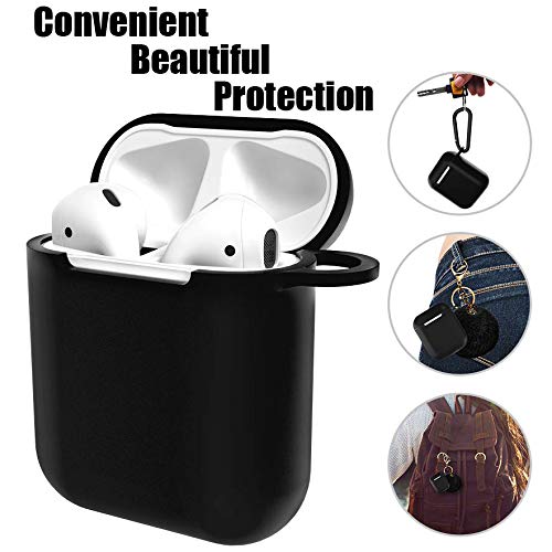Silicone Case Cover With Cute Pompom Ball Keychain Compatible For Apple Airpods Charging Case – Shockproof Soft Skin And Anti-Lost Strap Suitable For Airpod Accessories (Black) #TOP4