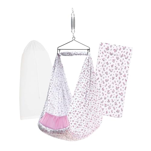 Image of Premium Swing Cradle Set | Cradle Cloth, Padded Bed, Mosquito Net, Heavy-Duty Spring & Triangle Hanger | Up to 15 kg | Floral Pink